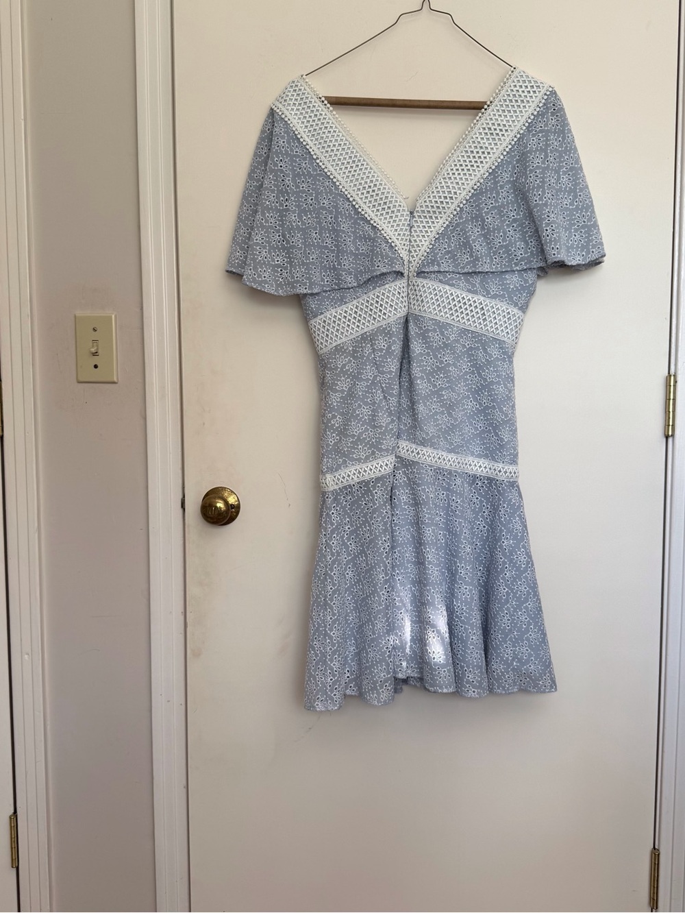 Gianni Bini Light Blue Lace Mini Dress with White Trim, eyelet lace flare dress